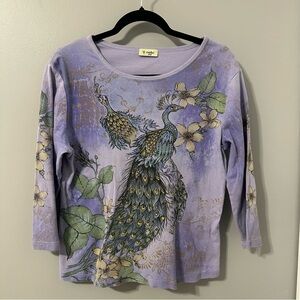 Vintage Cactus Long Sleeve 100% Cotton Sequin Peacock Top Size L